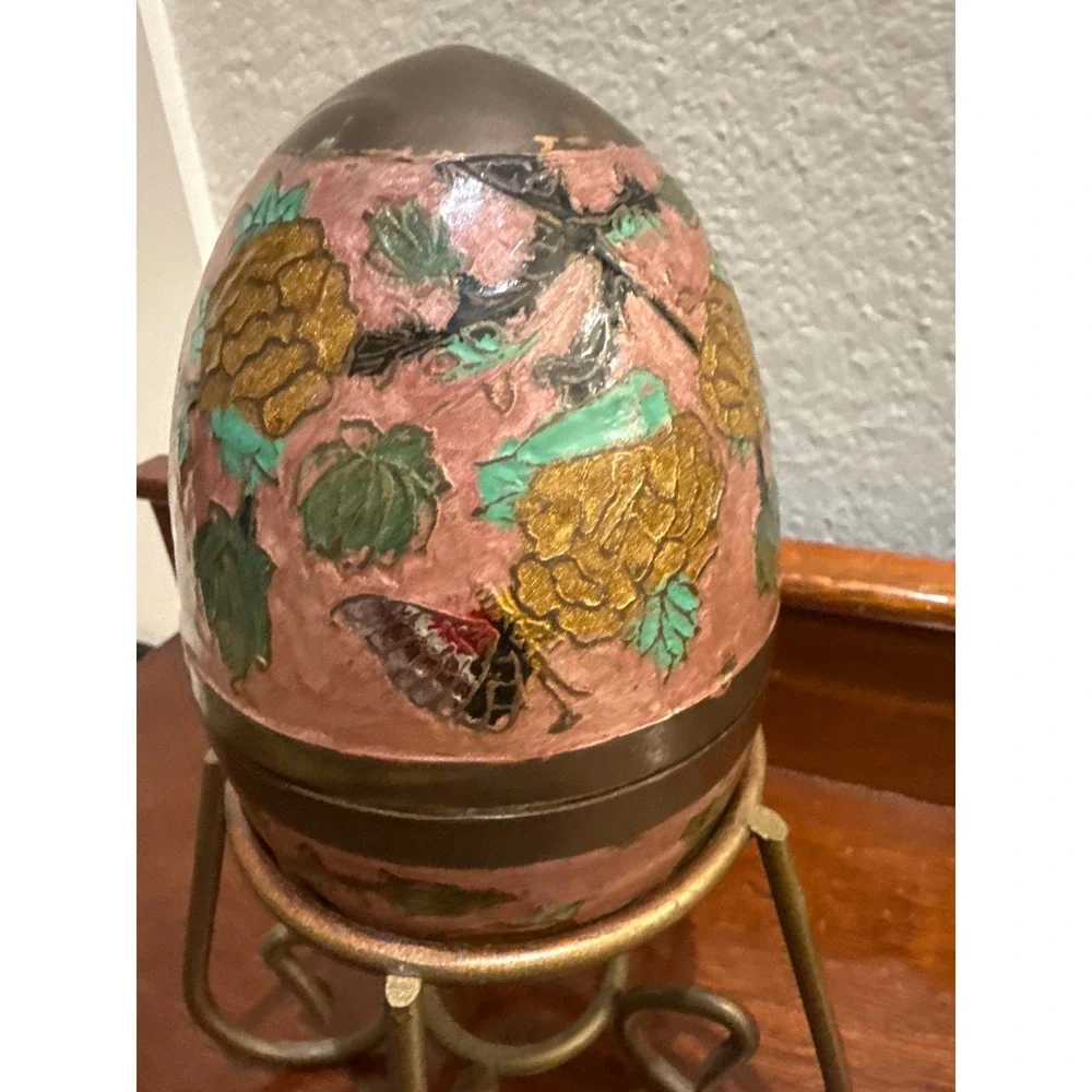Enamel‎ Painted Large Brass Egg Trinket Box with Stand 8